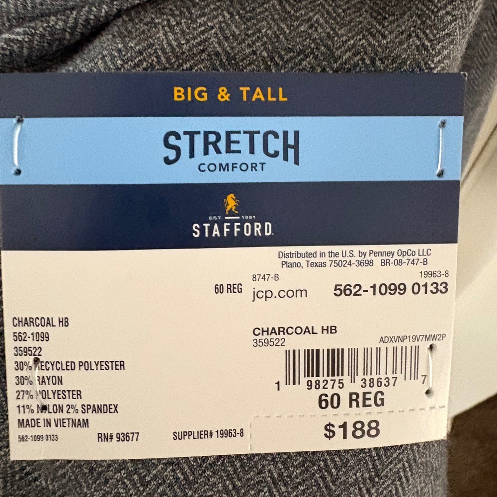 Stafford Big & Tall 60R Stretch Comfort Blazer Charcoal Herringbone Sport Coat - Picture 3 of 10